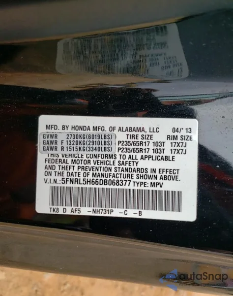 2013 Honda Odyssey Exl из США, поврежденный, VIN 5FNRL5H66DB068377